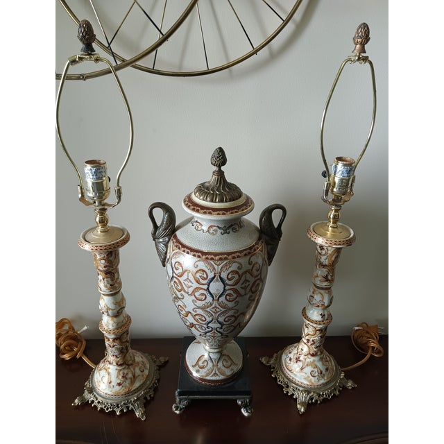 Vintage French Renaissance Rococo Table Lamps & Longwy-Style Ceramic Urn - Set of 3 For Sale In Raleigh - Image 6 of 12