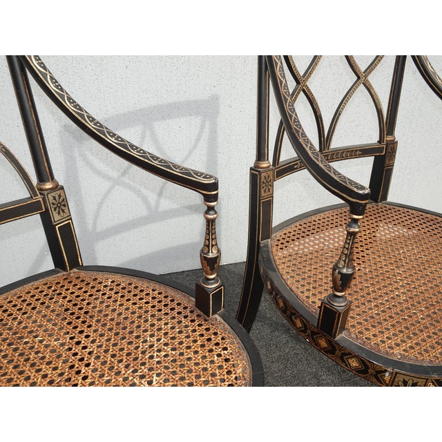 Wood Pair of Vintage French Style Hand Painteded Cane Arm Chairs For Sale - Image 7 of 12
