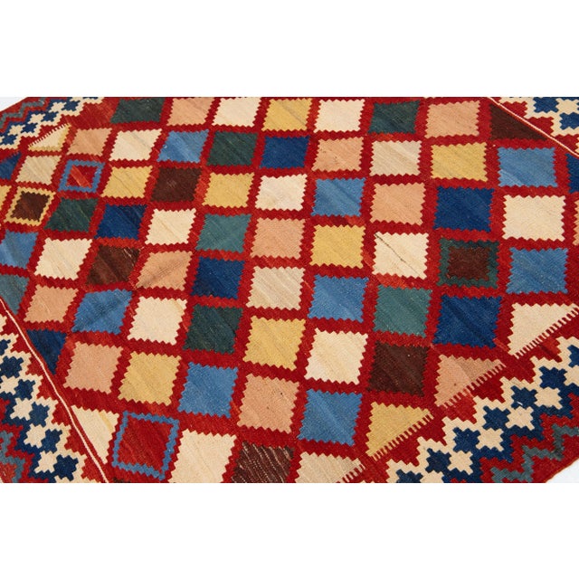 1960s Vintage Square Kilim Handmade Multicolor Geometric Wool Rug For Sale In New York - Image 6 of 7