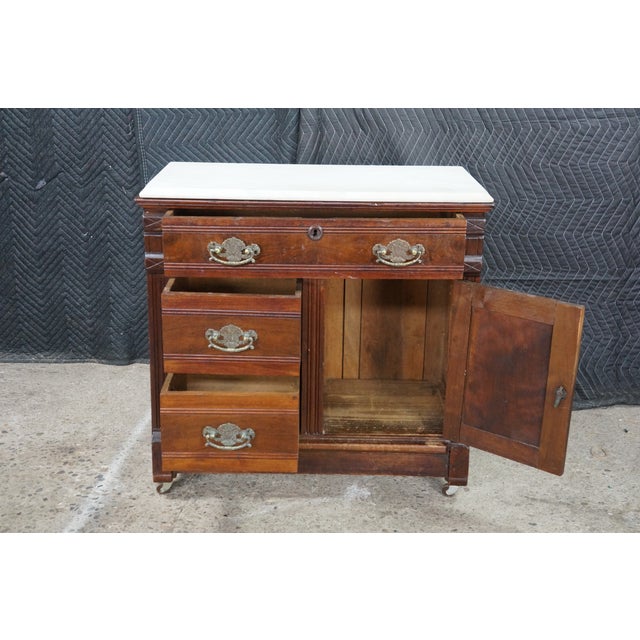 Brown Antique Victorian Eastlake Walnut Burl Marble Washstand Chest Cabinet Stand For Sale - Image 8 of 18