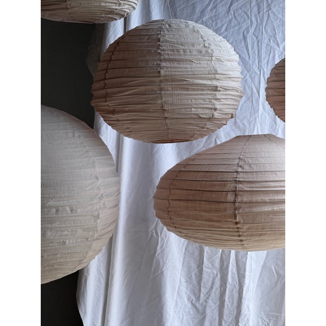 Japanese-Style Round Pink Rattan and Natural Linen Pendant Light For Sale - Image 13 of 18