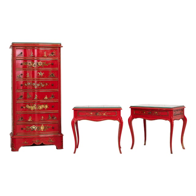 Mid-Century Red Lacquer Chinoiserie Secretary Chest and Side Tables, 1960s, Set of 3 For Sale
