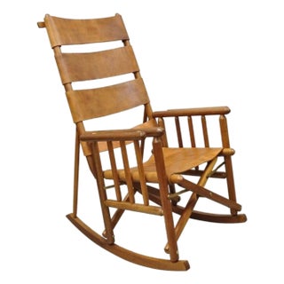 Mid 20th Century Costa Rican Campaign Style Teak Brown Leather Folding Rocker Rocking Chair For Sale