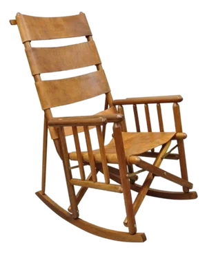 Mid 20th Century Costa Rican Campaign Style Teak Brown Leather Folding Rocker Rocking Chair