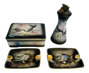 Mid 20th Century Dragonware Moriage Complete Smoking Ensemble - 4 Piece Set