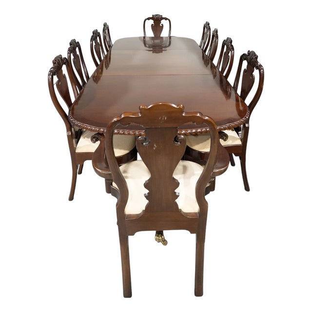 1960s Antique Style Queen Anne Style 10 Mahogany Dining Chairs and Large Dining Table For Sale