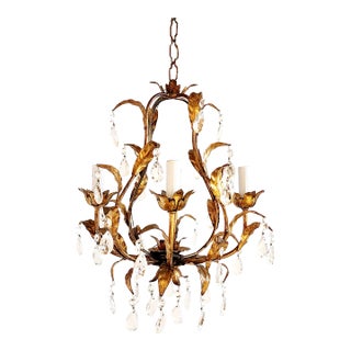 Vintage Italian Gilt Tole & Crystal Chandelier For Sale