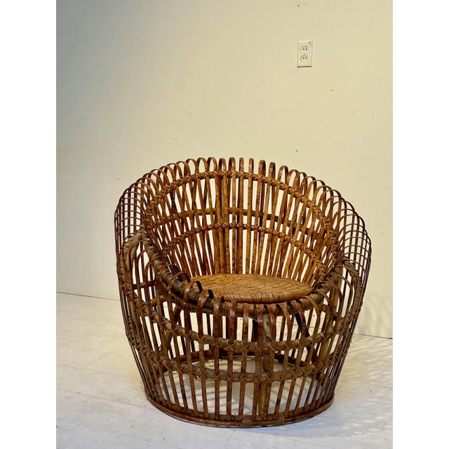 Mid-Century Modern Franco Albini Style Round Bamboo Rattan Chair For Sale - Image 3 of 10