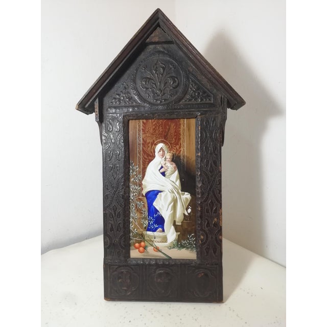 Maison De Cluny, Devotional Shrine Grand Tour Madonna of the Olives, 19th Century, Ceramic, Cow Leather & Walnut For Sale - Image 14 of 14