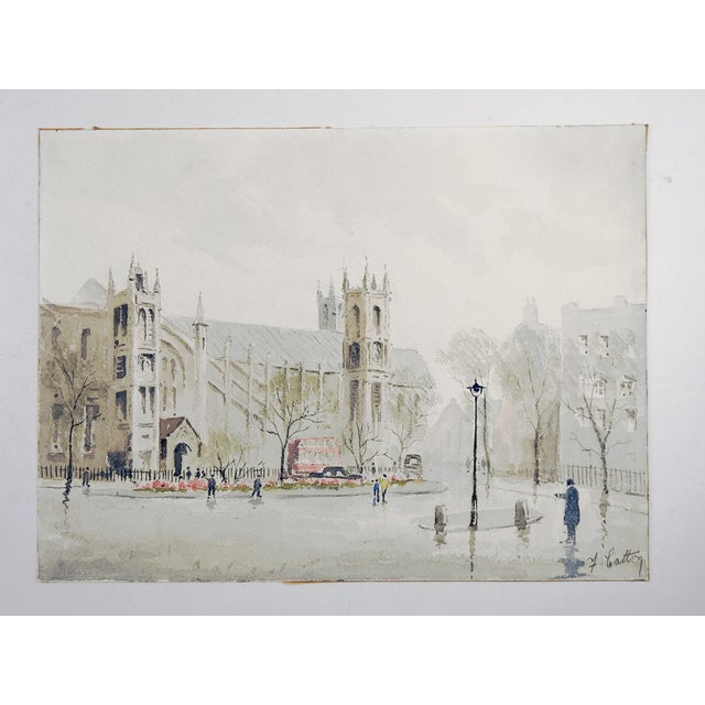 English Mid 20th Century English Cityscape Cathedral Watercolor Painting For Sale - Image 3 of 3