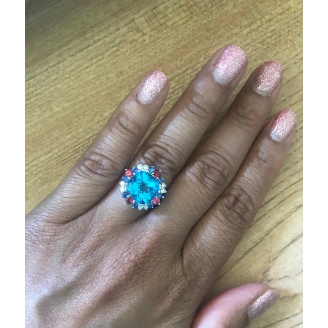 5.39 Carat Cushion Cut Blue Topaz Sapphire Diamond 14K White Gold Cocktail Ring Size 7 For Sale In Los Angeles - Image 6 of 6