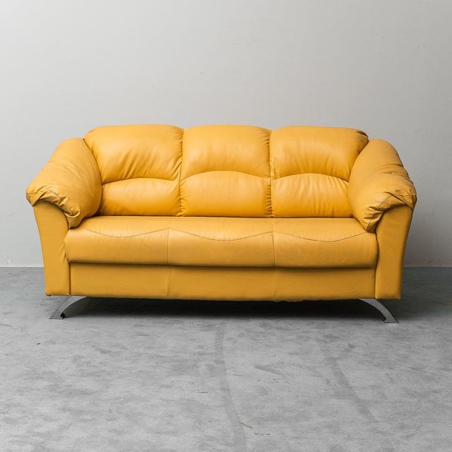 3-seater sofa. Wooden frame with metal legs. Leather upholstery. Condition as shown in photos, with signs of age.