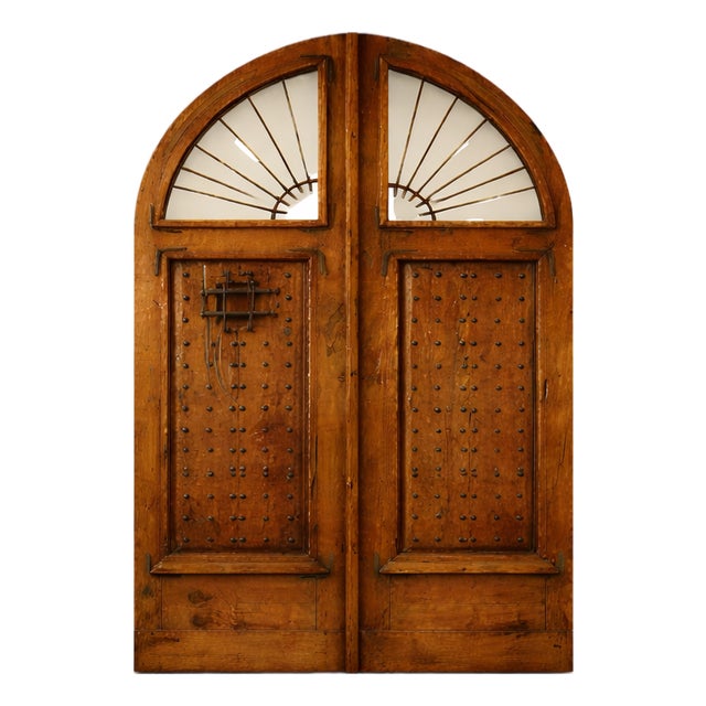 Handcrafted Solid Wood Rustic Exterior Double Door – Custom Mexican Design Made to Order For Sale