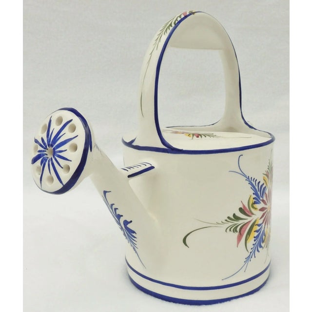 1980s Large Vintage Blue & White Hand Painted Floral Ceramic Garden Watering Can Planter For Sale - Image 5 of 13