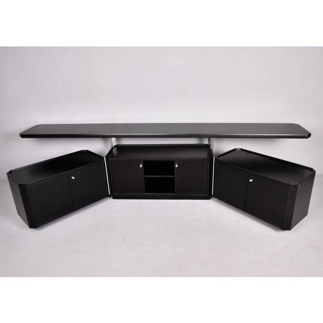 Mid-Century Modern Large Mid Century Italian Two Tier Credenza With Black Finish and Hinged Base For Sale - Image 3 of 12