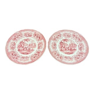 A Pair of Antique Staffordshire "Palestine" Pink Transfer Decorated Plates, 1830’s For Sale