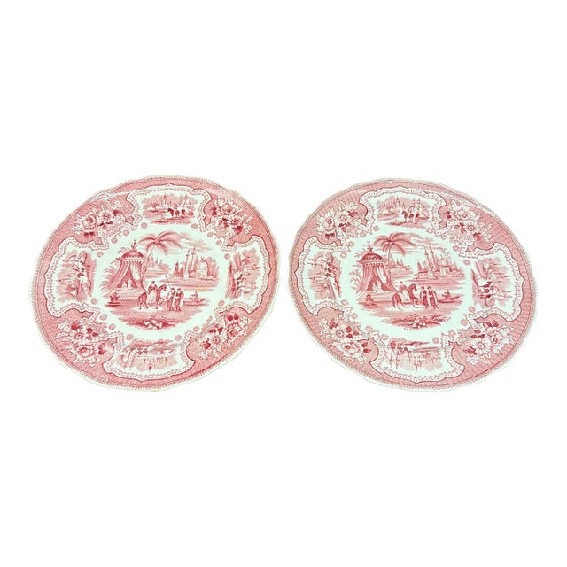 A Pair of Antique Staffordshire "Palestine" Pink Transfer Decorated Plates, 1830’s For Sale