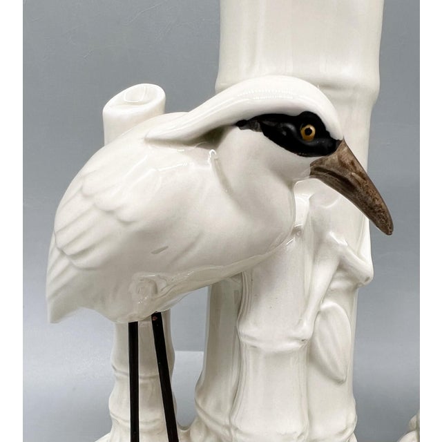 Fitz and Floyd 1970's Fitz & Floyd Japanese White Crane Candlesticks With Bamboo Bases – Hollywood Regency / Chinoiserie For Sale - Image 4 of 10