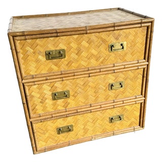Boho Chic Faux Bamboo Herringbone Wicker Chest of Drawers With Brass Handles For Sale