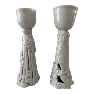 Pair of Light Blue Glazed Sculptural Candle Holders For Sale
