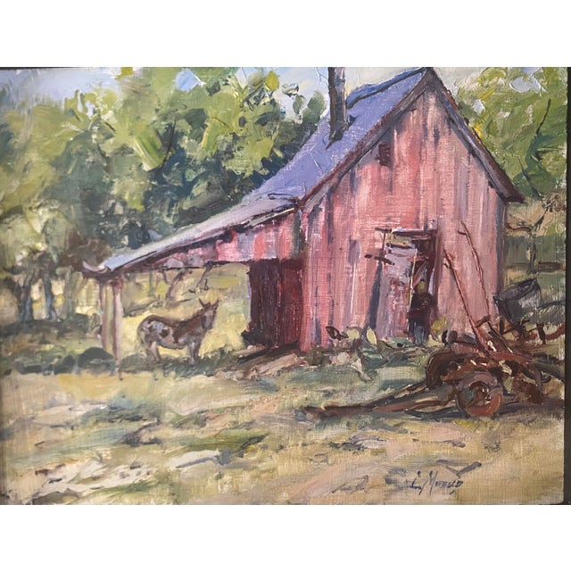 "Seeking Shade" This painting was completed on site and depicts a quiet rural farm scene, centered on a weathered red barn...