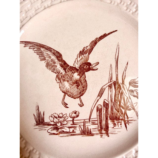 Ceramic Pair of Longwy "Marly" Earthenware Plates With Brown and Blue Transferware and a Pierced Basketweave Border For Sale - Image 7 of 9