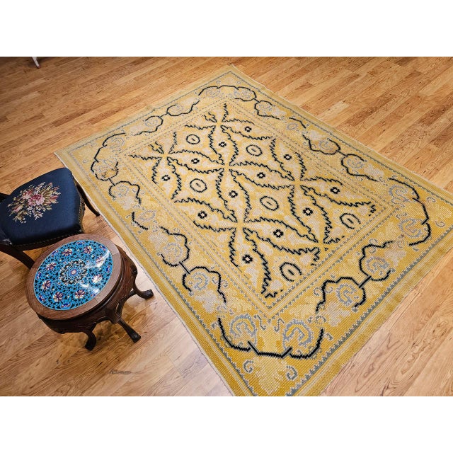 Vintage French Area Rug, Hand-Knotted Wool, Allover Geometric Design, Tan & Black, 6x9 For Sale In Chicago - Image 6 of 17