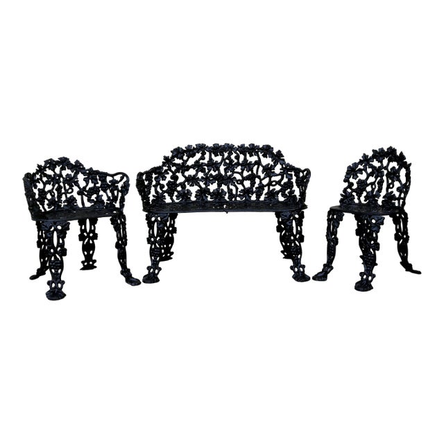 Vintage Mid-Century Victorian Revival Cast Iron Grapevine Garden Suite - 3 Pieces For Sale