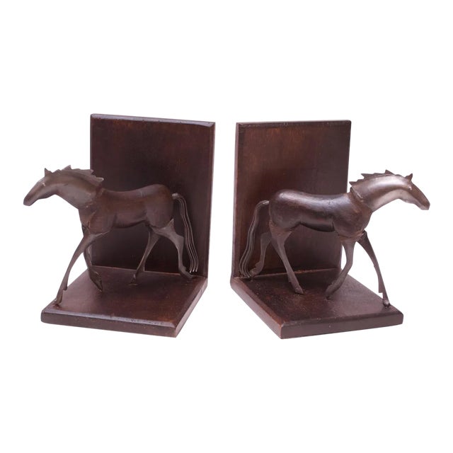 Brutalist Metal and Wood Horse Bookends - a Pair For Sale
