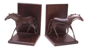 Brutalist Metal and Wood Horse Bookends - a Pair