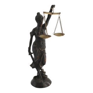 Late 20th Century Bronze Lady Justice Statue With Blindfold and Scales, Heavy, 15.25" Tall, Law Office Decor For Sale