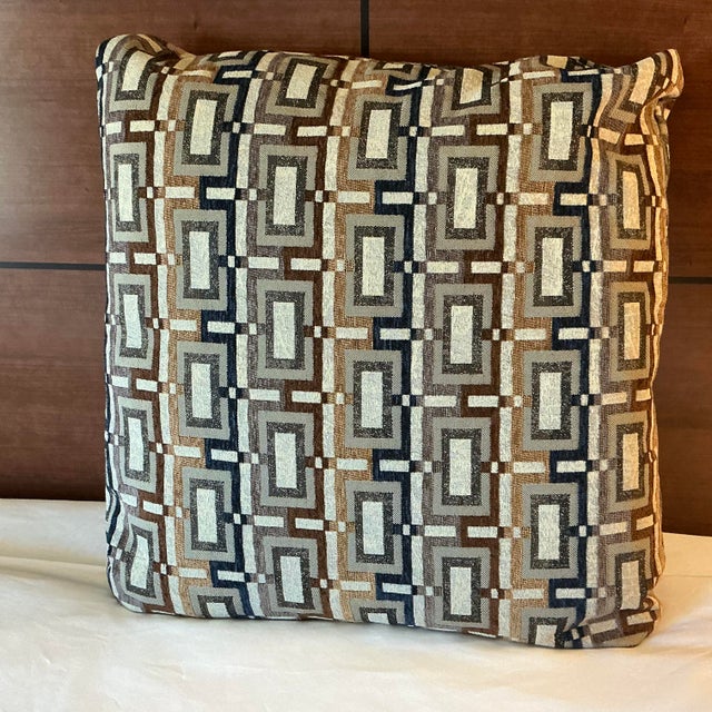 Vintage Boho Chic Contemporary Modern Navy-Brown Geometric Pillow. For Sale - Image 4 of 7