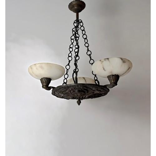 Antique Renaissance Revival Bronze and Alabaster Chandelier with Serpent Details, 1900 For Sale - Image 16 of 18