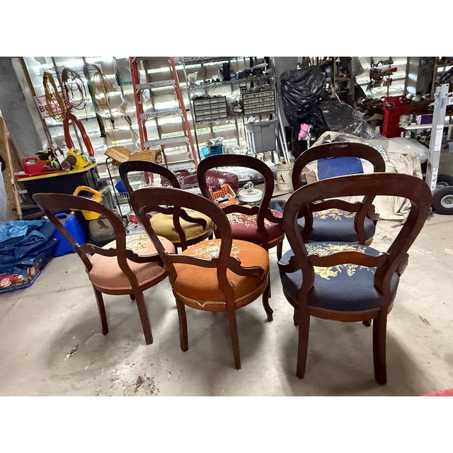 Victorian Late 19th Century Set of 6 Louis Philippe Hand Embroidered Needlepoint Parlor Chairs For Sale - Image 3 of 14