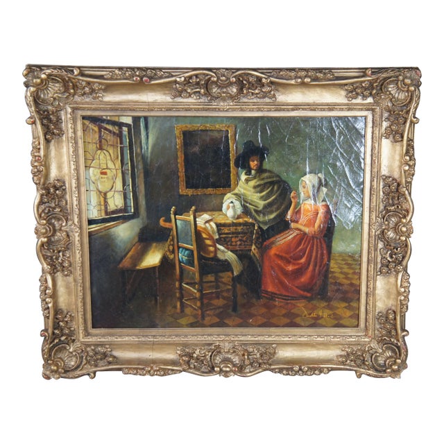 Late 20th Century The Glass of Wine Dutch Oil Painting After Johannes Vermeer Canvas Framed For Sale