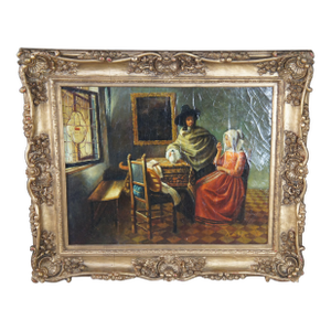 Late 20th Century The Glass of Wine Dutch Oil Painting After Johannes Vermeer Canvas Framed