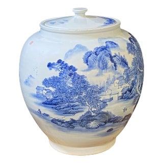 Large Chinoiserie Blue and White Porcelain Ginger Jar 17" H For Sale