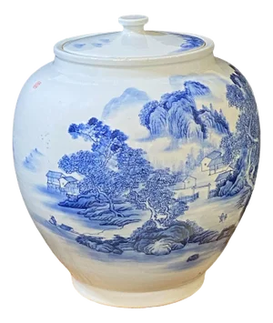 Large Chinoiserie Blue and White Porcelain Ginger Jar 17" H