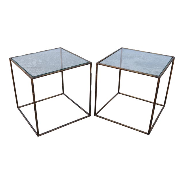 French 1970s Pair of Side/Drink Tables in Glass Cube and Gold Metal Faux Bamboo Styled After Maison Baguès For Sale