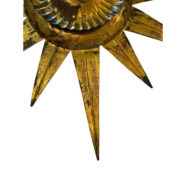 Mid-Century Modern Oliver Messel, 1960s Vintage Gilt Metal Flush Mount Sunburst Light With Matching Ceiling Rose For Sale - Image 3 of 8