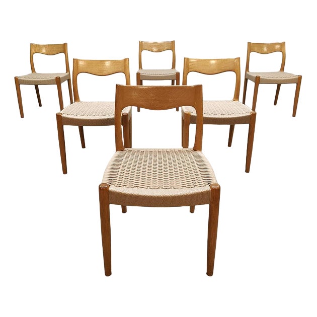 Vintage Danish Oak Paper Cord Wabi-Sabi Dining Chairs, 1960s, Set of 6 For Sale