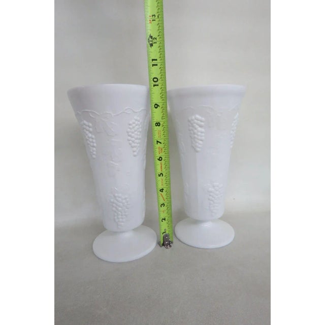 Mid 20th Century Westmoreland White Milk Glass Grapevine Design Footed Tall Vases a Pair For Sale - Image 5 of 9
