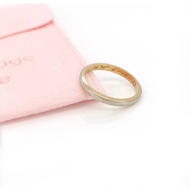 Mid-Century Modern 1940s Retro 14k Two Tone Gold Band, Cg & GMW 6-12-43, Size 6.25 For Sale - Image 3 of 6
