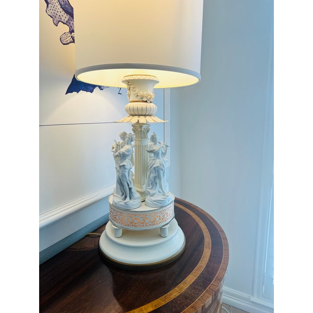 Antique Neoclassical Bisque Figural Table Lamp Classical Maiden Column Form With Pierced Illuminated Base For Sale - Image 4 of 10