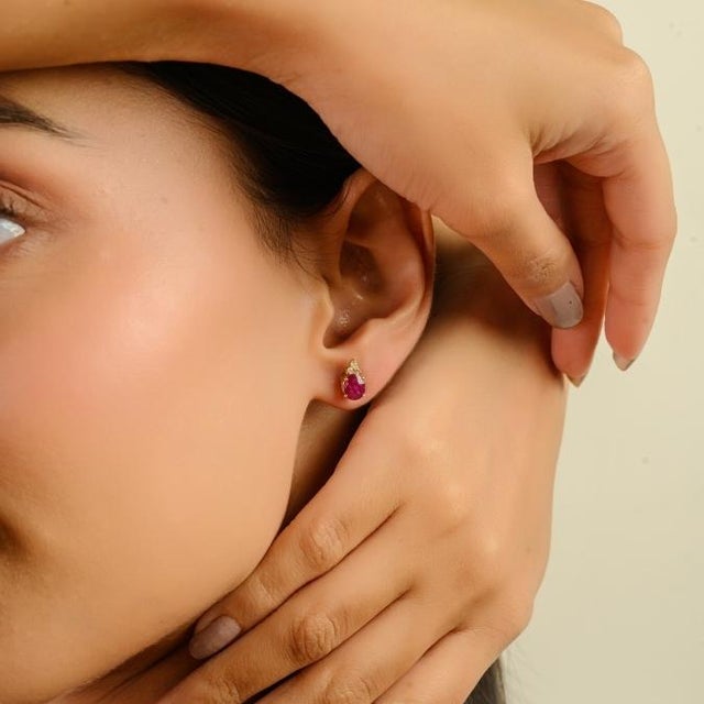 1.75 Ct Oval Cut Ruby and Diamond Crown Stud Earrings in 14k Gold- A Pair For Sale - Image 4 of 16