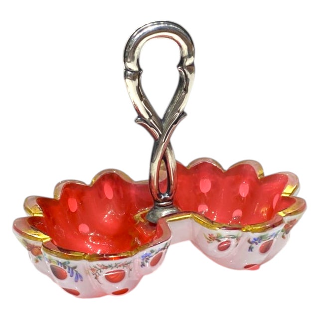 A dazzling Viennese Biedermeier silver and glass tray. The glass tray is executed in opaque white overlay glass with...