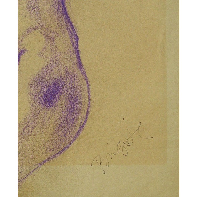 Contemporary purple chalk on tan paper nude study drawing by award winning Texas artist Brigitte Woosley (20th - 21st c.)....