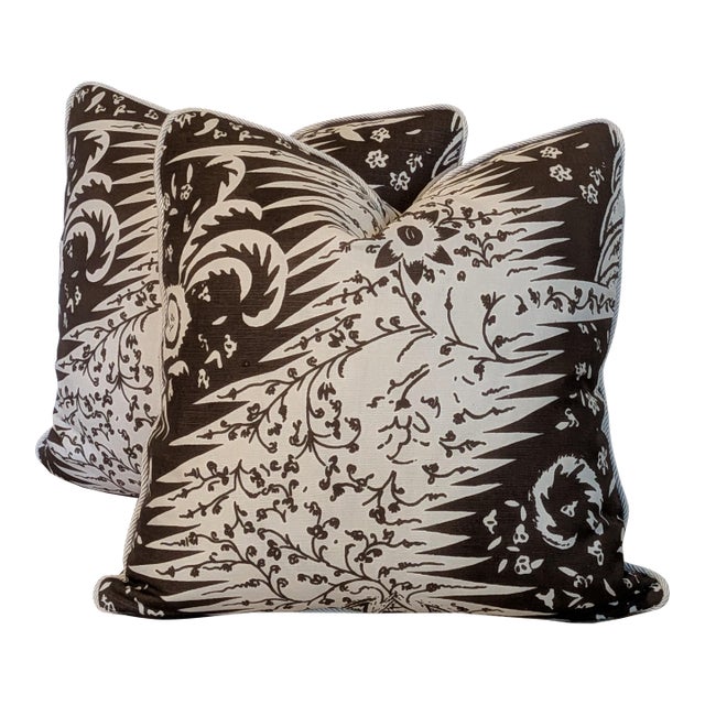 Quadrille Les Indiennes Brown on Tint Pillows With Cream Cord- Pair Double Sided For Sale
