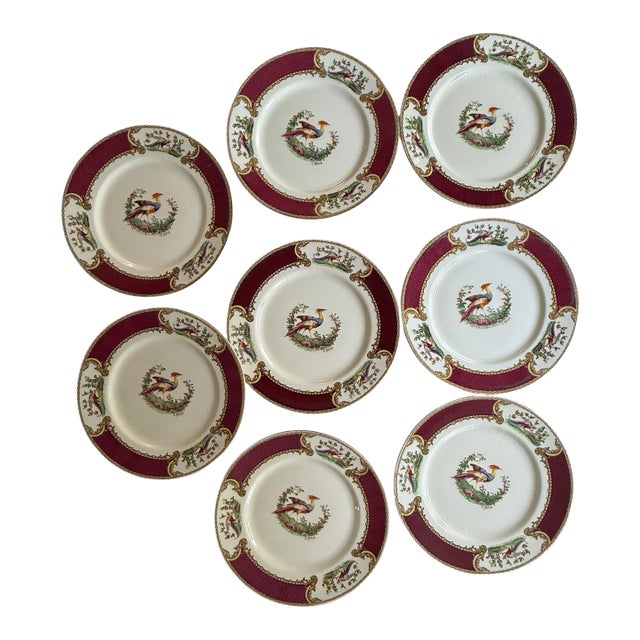 1940s Myott Chelsea Bird Dinner Plates 9 7/8” Burgundy Transferware England - Set of Eight (8) For Sale