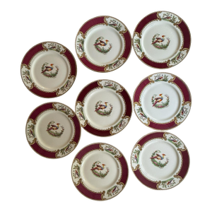 1940s Myott Chelsea Bird Dinner Plates 9 7/8” Burgundy Transferware England - Set of Eight (8)